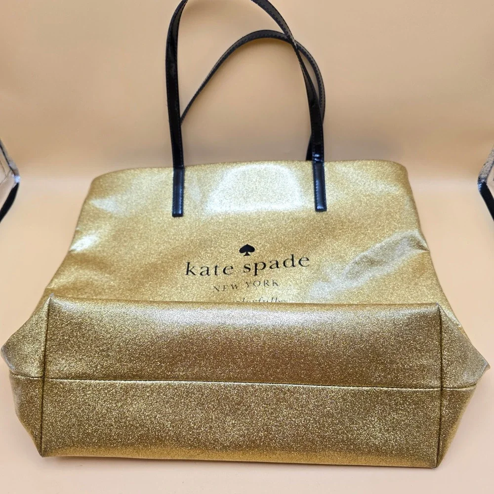 Kate Spade Live Colorfully Gold Glitter Tote Bag Black Patent Handles Large